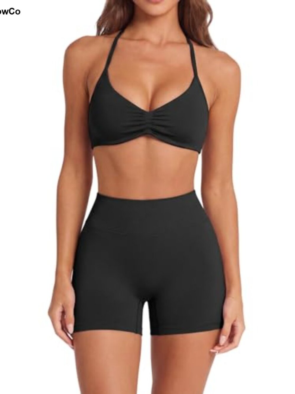 2 Pc Seamless Halter Sports Bra & Scrunch Butt Lifting Biker Shorts Set